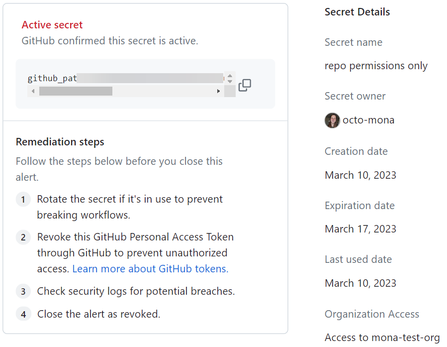 Metadati del token nell’esempio ufficiale GitHub