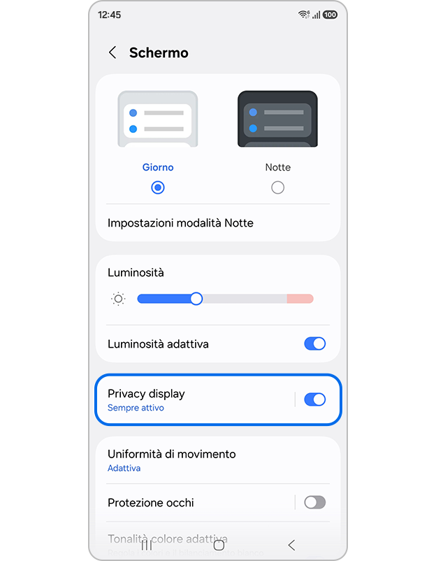 Schermata Samsung delle impostazioni Schermo con Privacy display