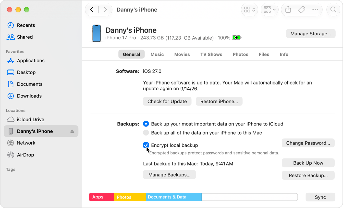 Schermata ufficiale Apple del Finder con Crittografa backup locale selezionato