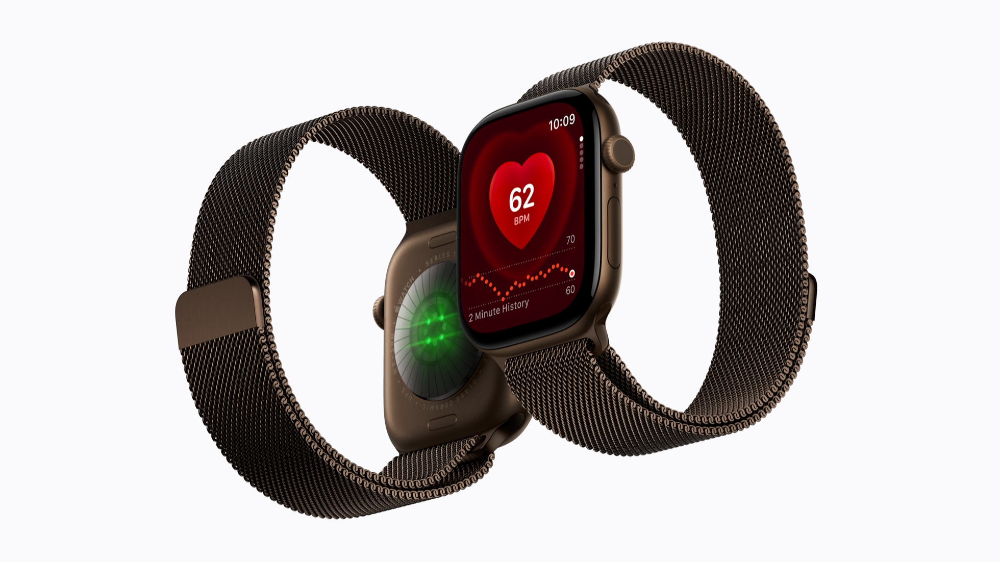 Vista anteriore e posteriore di Apple Watch Series 12 con cinturino in maglia