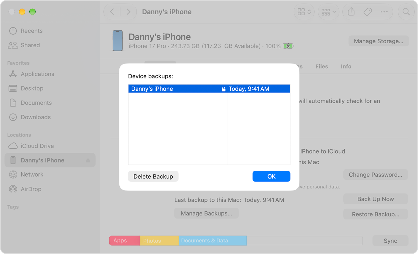 Schermata ufficiale Apple della lista backup nel Finder con data e lucchetto