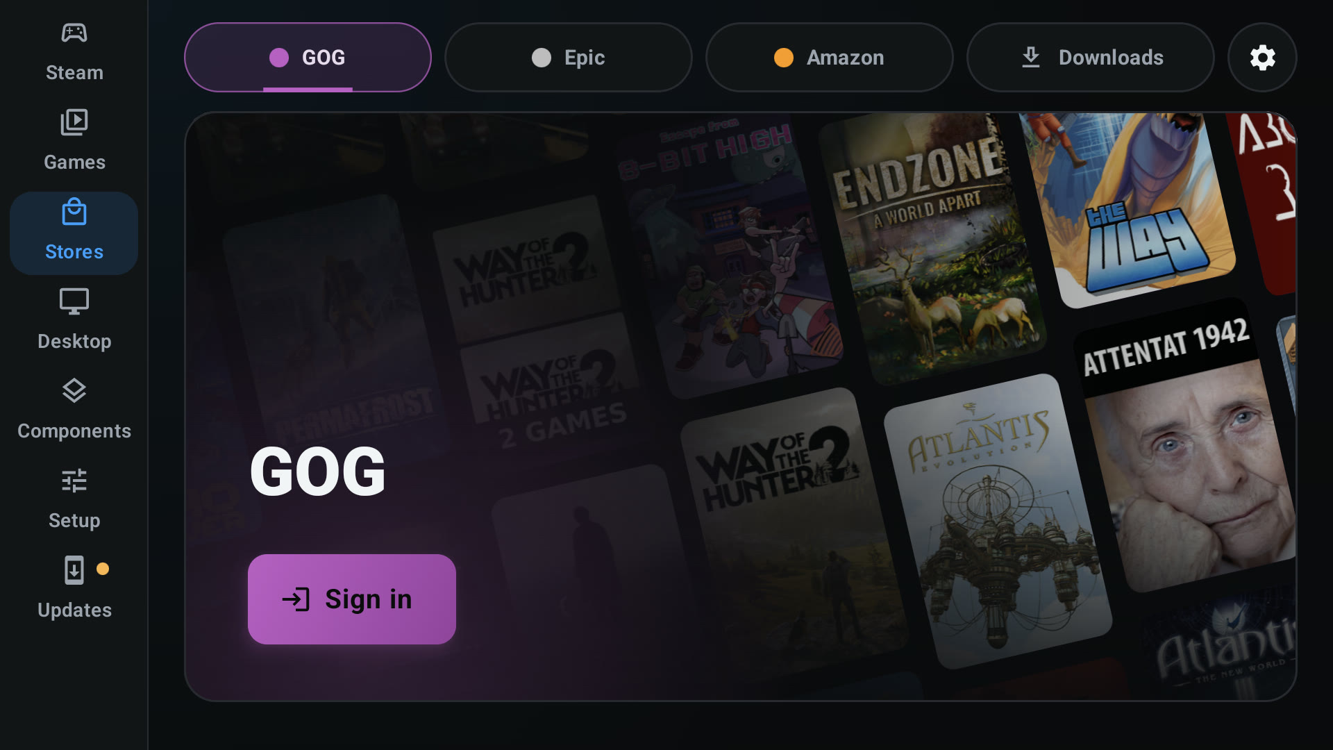 DroidDeck: GOG store tab with its Sign in button