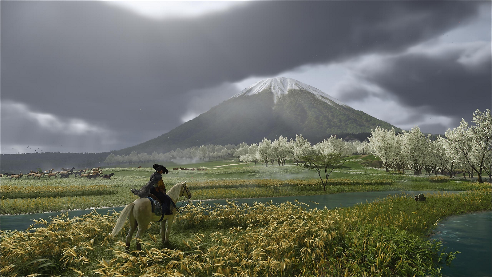 Atsu a cavallo davanti al monte Yōtei, tra prati e alberi