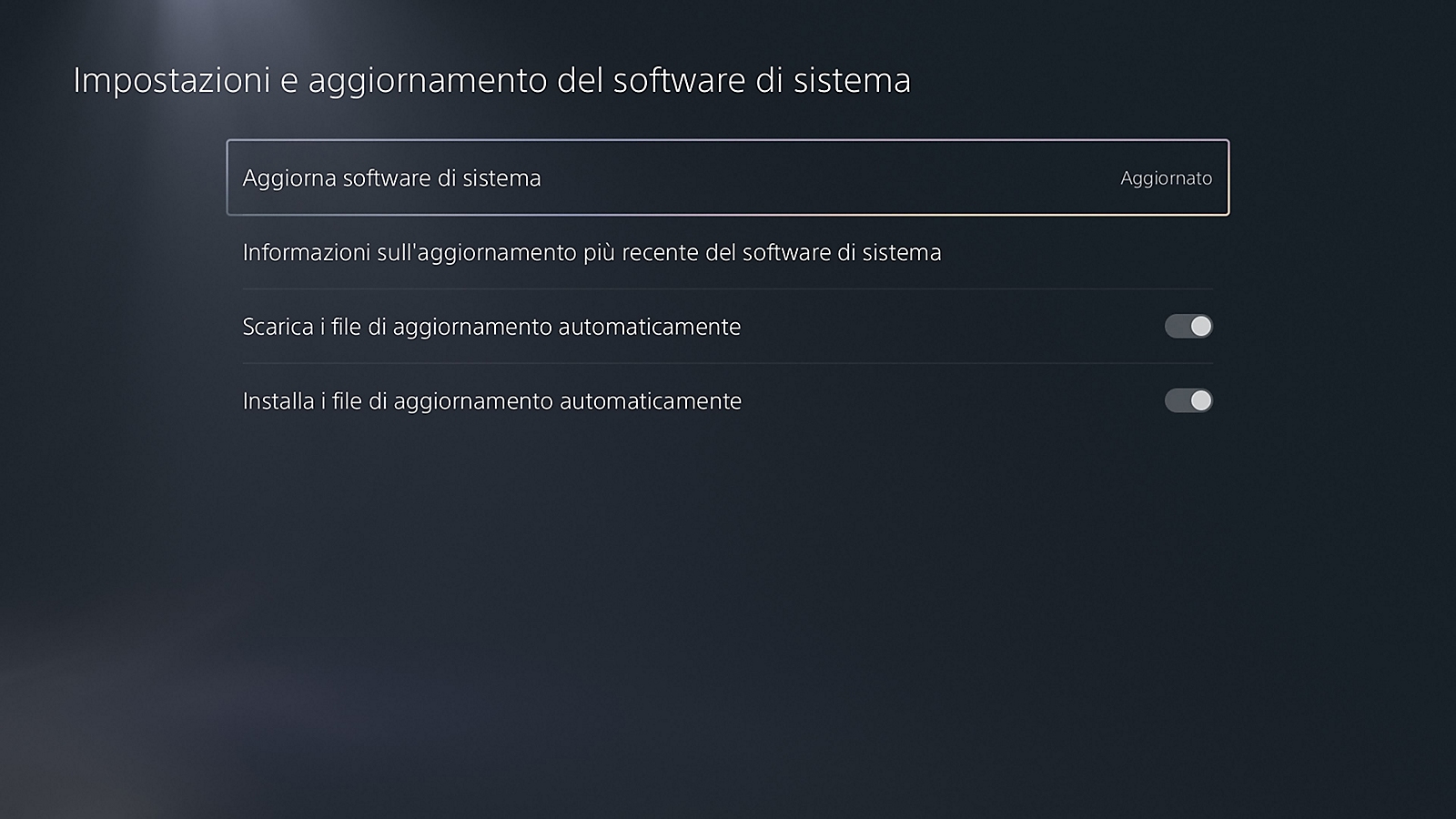 Menu Sony per aggiornare il software di sistema PS5
