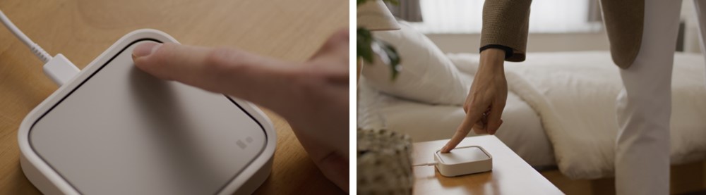 Il pulsante della SmartThings Station in due viste ufficiali Samsung