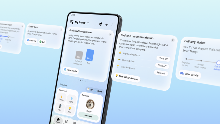 Le schede della schermata Home di SmartThings Now nella dimostrazione Samsung