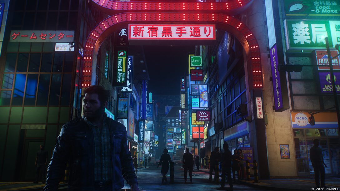 Logan nelle strade illuminate di Shinjuku in Marvel’s Wolverine