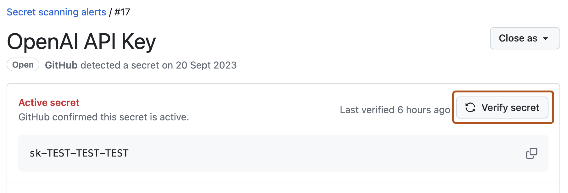Interfaccia ufficiale GitHub del controllo di validità di un segreto