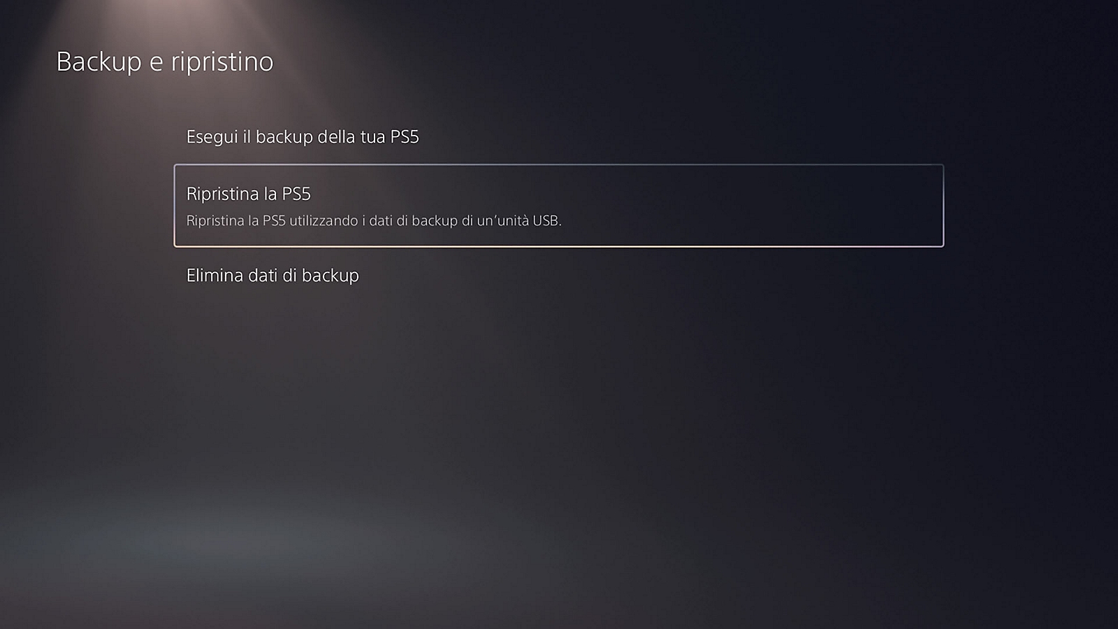 Menu Sony Backup e ripristino con Ripristina la PS5 selezionato