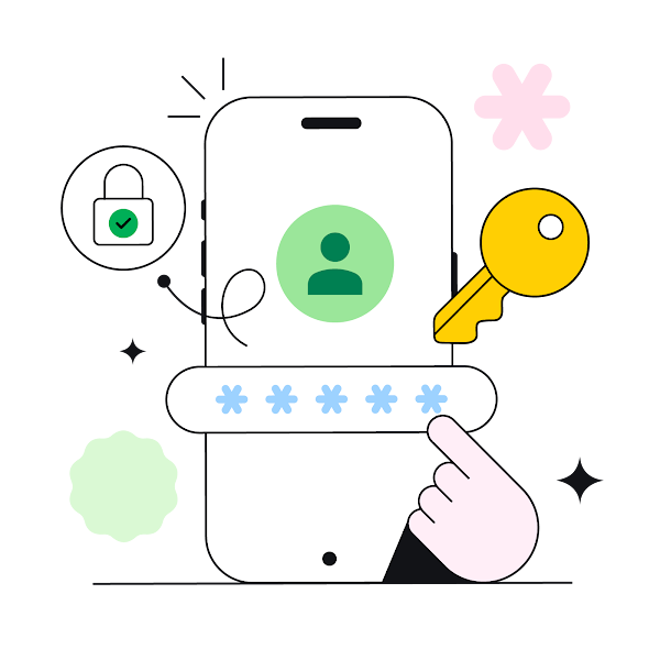 Illustrazione Google con iPhone, chiave e simbolo di autenticazione