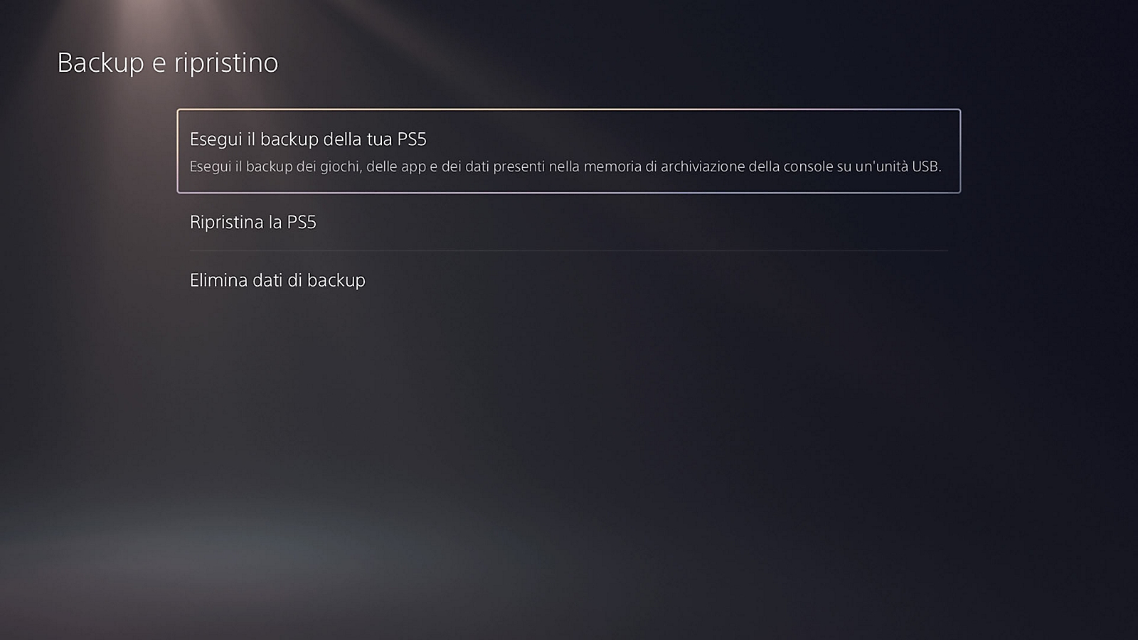 Menu Sony Backup e ripristino con Esegui backup della PS5 selezionato