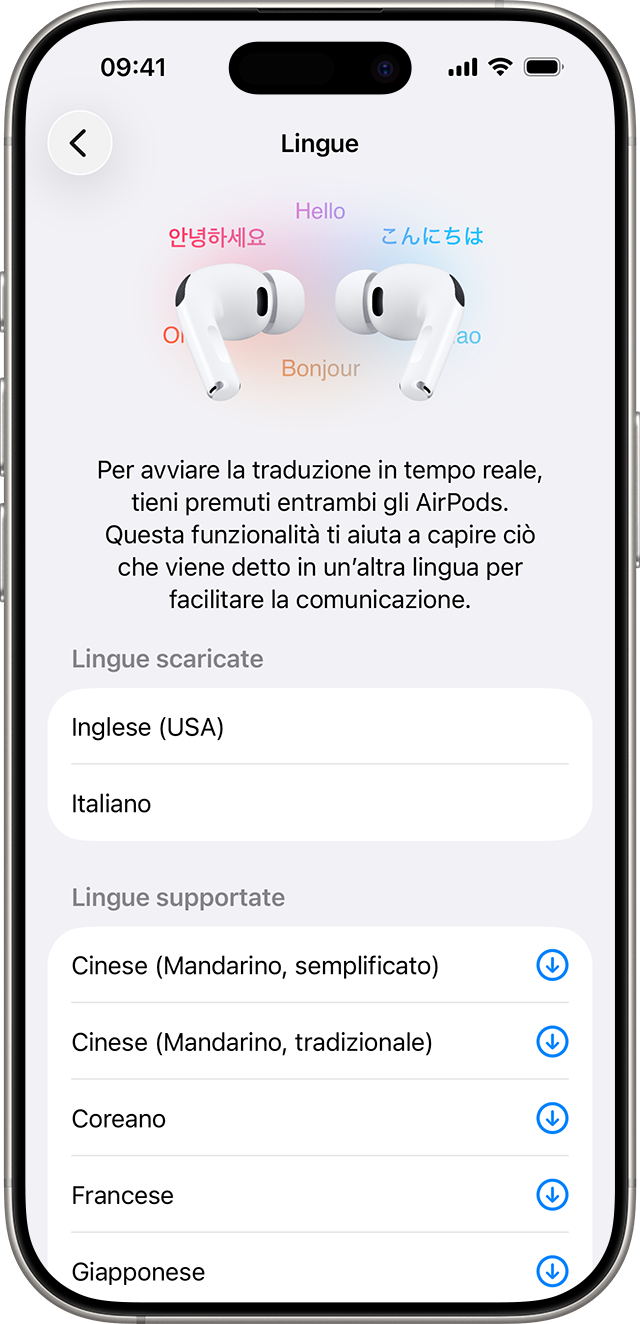 Schermata ufficiale italiana con lingue scaricate per la traduzione sugli AirPods