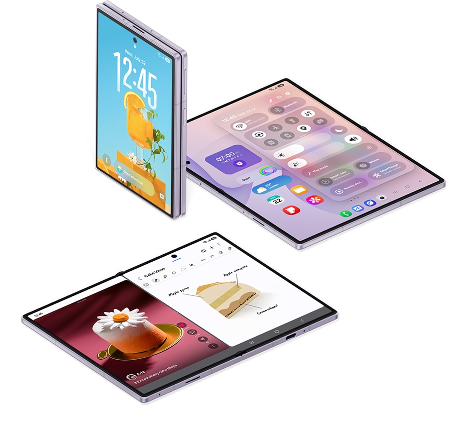 Galaxy Z Fold8 chiuso e aperto: widget sul display esterno, pannello rapido e due app affiancate.