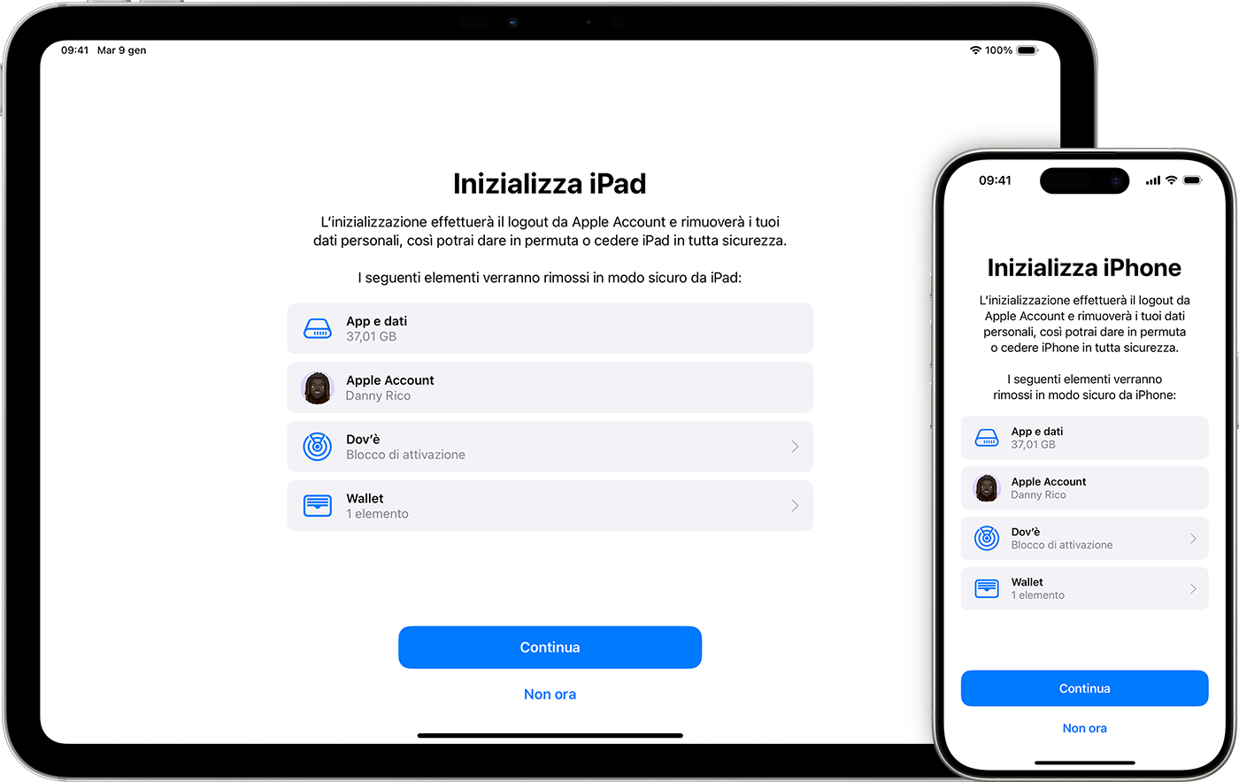iPad e iPhone che mostrano gli elementi che vengono rimossi se il dispositivo viene inizializzato.